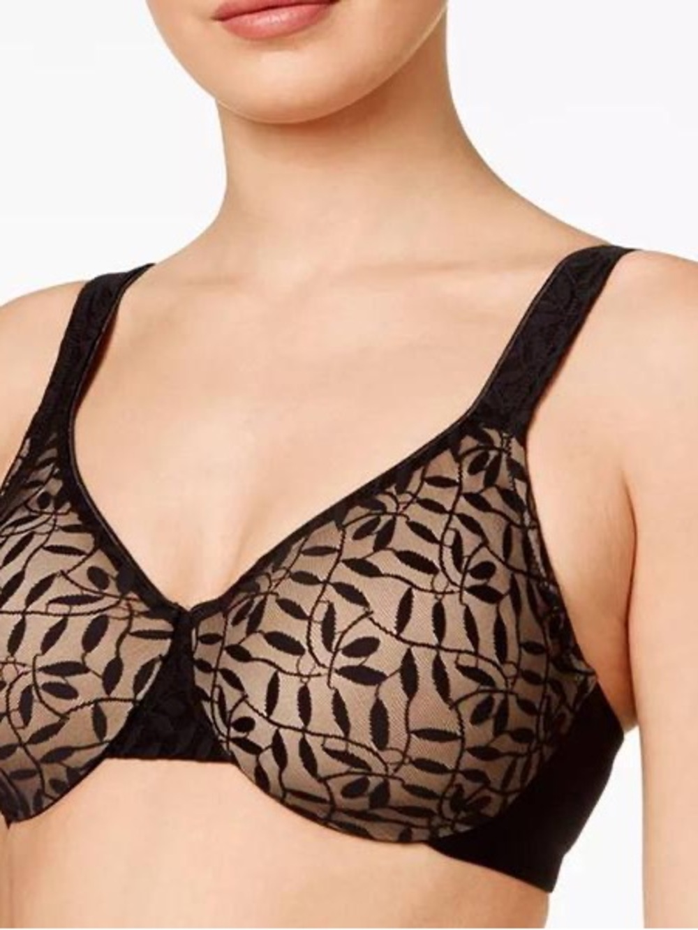 Olga Black Lace Leaf Pattern Full Coverage Sheer Leaves Minimizer Bra 40D